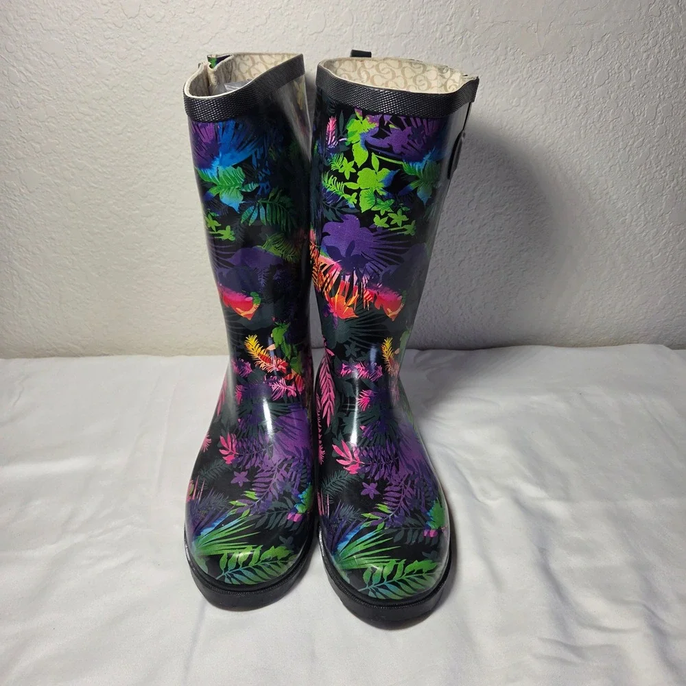Chooka Womens Tropical Floral Tall Rain Boots Black Multi Color Size 11